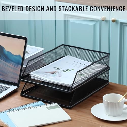 Hicarer 2 Pcs Black Metal Letter Tray Stackable Desk Tray Single Wire Mesh Organizer Front Load File Paper Holder for Desktop Office Home School Classroom (12.8 x 9.84 Inch) - Image 2