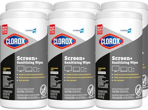 CloroxPro Clorox Screen+ Sanitizing Wipes, Disinfecting Wipes for Electronics, Gentle on Phones, Tablets, LCD Screens, Laptops and Sensitive Surfaces, Citrus Blend Scent, 1 Canister, 75 Wipes, 6 Pack by CloroxProfessional