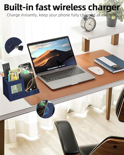 Desk Organizer with Wireless Charger, Digital Clock, Thermometer & Hygrometer - Multi-Functional Pencil Holder, Office Desk Accessories Storage Caddy for Home, Office, Men, Women (Battery Included) - Image 2