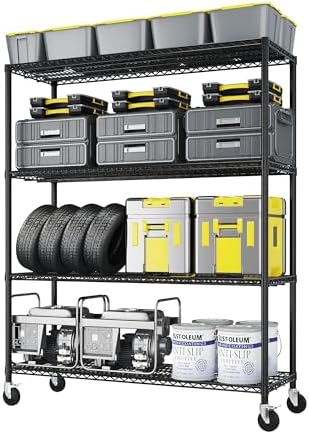 4 Tier Storage Racks Shelving, Heavy Steel Pantry Shelves, Adjustable Wire Shelving Rack with Wheels, Suitable for Garage, Kitchens, Bathroom, Offices, 55" W x 23.6" D x 75.6" H, Black by Unknown