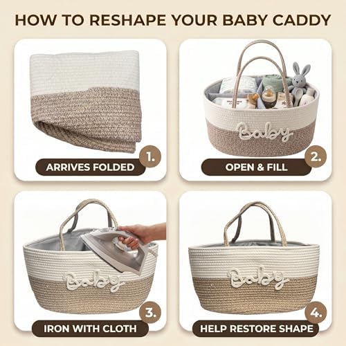 Baby Diaper Caddy Organizer with Removable Compartments, 18"L x 13"W x 9"H Super Large, 100% Handmade Woven Cotton Rope, Portable Nursery Storage Basket for Car and Changing Table, Shower Newborn Gift - Image 6