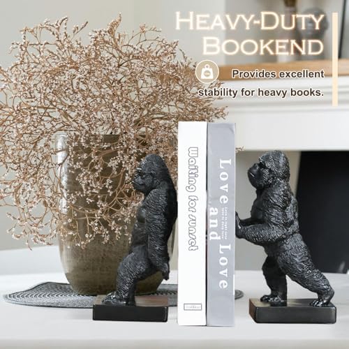 Decorative Bookends, Art Book Ends for Heavy Books, Heavy Bookends for Shelves, Vintage Non-Slip Base Book Holder, Resin Book Stopper for Home Office Decor (Black Gorilla) - Image 2