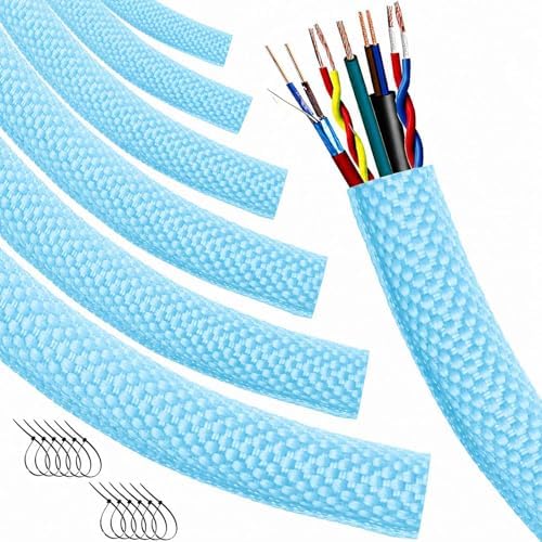 Automotive Wire Loom High Temperature Braided Wire Loom, Split-Sleeve Heat Resistant Wiring Loom Cord Cover for Harness Wires, Self-Wrapping Heavy Duty Cable Management Sky Blue (1/2"-30Feet) by MTJSWXSY