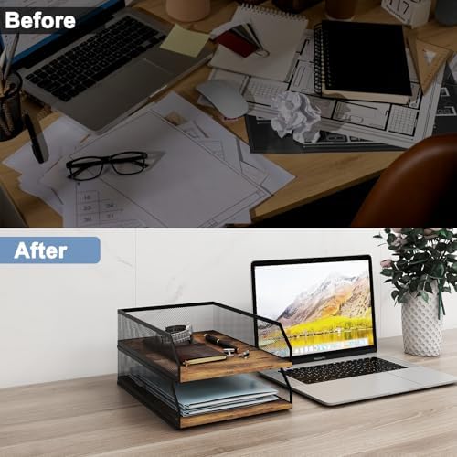Natwind 2-Tier Stackable Metal Mesh Paper Organizer with Sliding Tray,Retro - Image 7