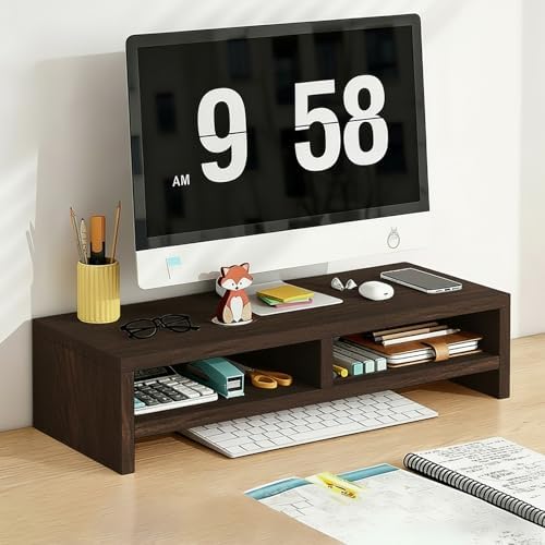 Solid Wood Monitor Stand Riser & Laptop Stand Desk Organizer - Office Accessories for PC Workspace, Computer Organization, Countertop Hutch Dark Brown Log 19.7x7.9x5.2in with divider by Unknown