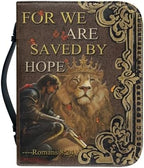 Warrior & Lion Print Women's Bible Cover Case PU Leather Lightweight Book Protetive Cover for Christians, Large Capacity Scripture Bible Bag with Handle & Black Bookmark Strap by Glomenade