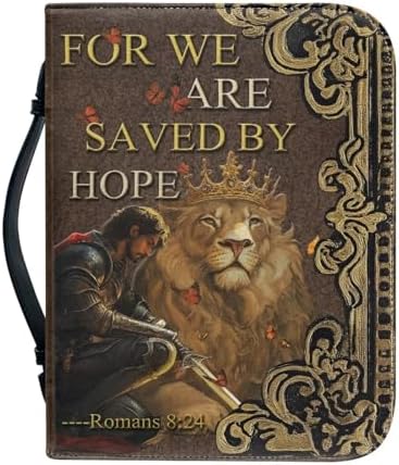Warrior & Lion Print Women's Bible Cover Case PU Leather Lightweight Book Protetive Cover for Christians, Large Capacity Scripture Bible Bag with Handle & Black Bookmark Strap by Glomenade