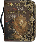 Warrior & Lion Print Women's Bible Cover Case PU Leather Lightweight Book Protetive Cover for Christians, Large Capacity Scripture Bible Bag with Handle & Black Bookmark Strap by Glomenade