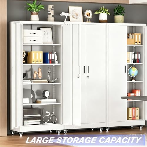 Superday Garage Storage Cabinet with Wheels，73" H Metal Storage Cabinet with Doors and Adjustable Shelves, Lockable Steel Utility Tool Cabinets for Garage, Home Office, Kitchen(White) - Image 3