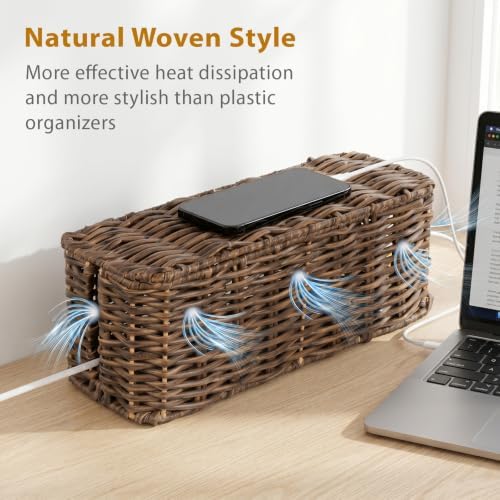 2 Pack Handwoven Cable Management Box with Lid, Decorative Cord Organizer for Power Strips, Chargers, TV Wires, Desk, Home & Office Storage, Plastic Rattan Tube - Image 6