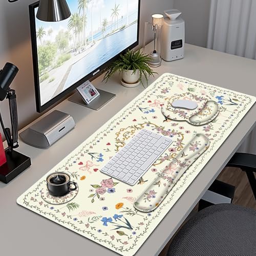 Off-White Mouse Pad, Cute Large Desk Mat Extended Nature Aesthetic Deskpad, 4 PCS Non-Slip Rubber Base Computer Mouse Pads for Work, Game, Office, Home Decor Gifts I Heart Bow & Floral Magpie - Image 2