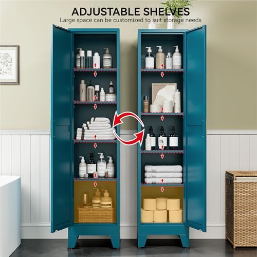 COFaR 67" Metal Narrow Storage Cabinet, Peacock Blue Slim Storage Cabinet with Magnetic Door & 4 Adjustable Shelves, Slim Freestanding Cupboard for Bathroom, Kitchen - Image 5