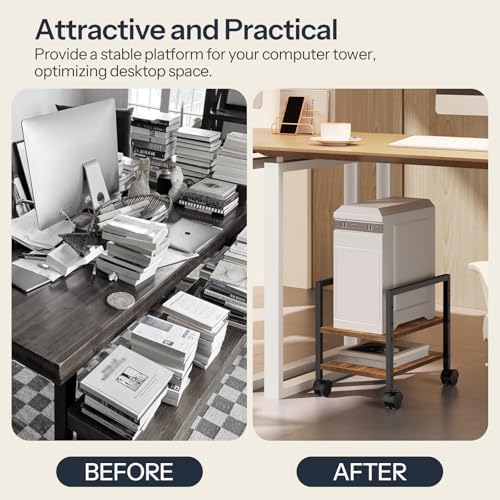HOOBRO PC Stand, 2-Tier PC Tower Stand Fits Most Computer Towers, CPU Holder for Floor, Height Adjustable, CPU Stand with Wheels Under Desk, for Home Office, Rustic Brown and Black BF11CJ01 - Image 6