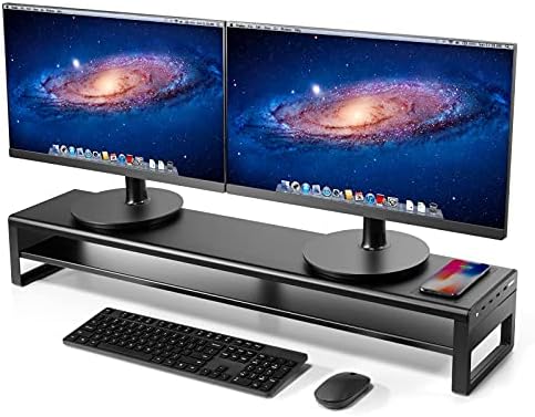 Vaydeer 2 Tiers Dual Monitor Stand Aluminum Monitor Riser with Wireless Charging and 4 USB 3.0 Hub Ports Metal Strong&Sturdy for PC Monitor Laptop Computer TV Printer Space Saving Desk Organizer by Vaydeer