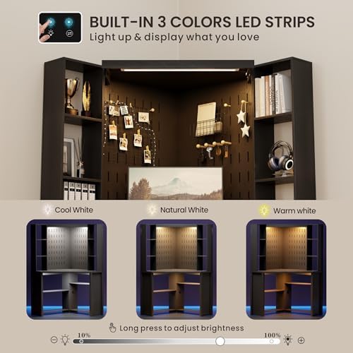 Corner Desk with - LED Reading Light, L-Shaped Computer Desk w/Hutch & Shelves, Home Office Desk w/Charging Station for Work & Study, File Cabinet Storage Bookshelf for Small Space (Black) - Image 3