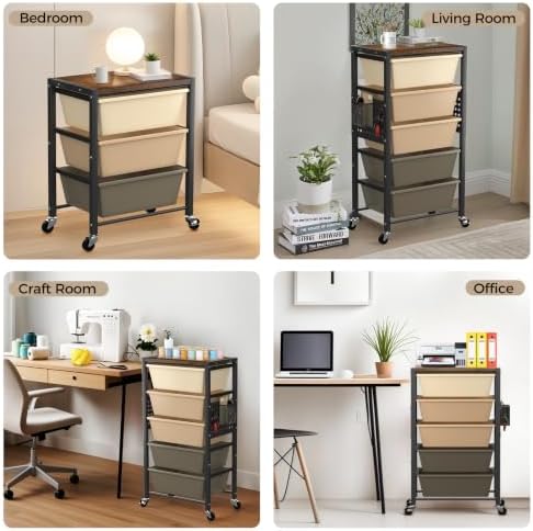 Rolling Cart with 5 Drawers, Plastic Drawer Storage Carts with Wheels & Wooden Tabletop, Metal Utility Cart with Pegboards, Office Living Room Classroom Craft Organization and Storage, Dark Brown - Image 6