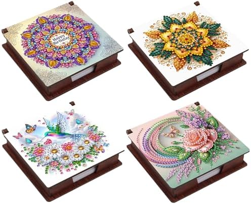 4pcs Mandala Flowers Diamond Art Painting Note Box for Adults, Wooden DIY Sticky Notes Holder Kit with 640 Blank Notepads, Multi-Purpose Desk Organizer for Home Office, Study Thoughtful Gift by Unknown