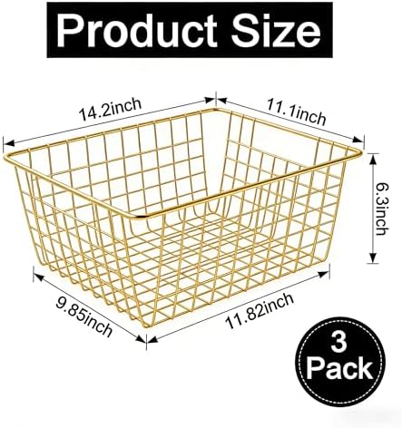 3 Pack Large Wire Baskets, Sturdy Gold Wire Basket, Metal Gold Basket for Organizing Kitchen, for Food Pantry Home Office Desk Shelf Bathroom Bedroom (14.2 x 11.1 x 6.3 inch) - Image 2
