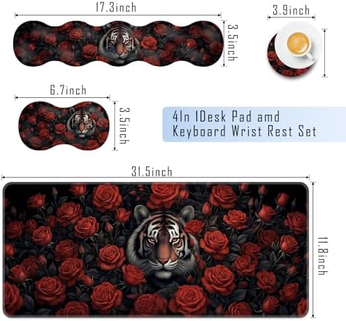 TGFEWYTJYJ Extended Gaming Mouse Pad,Memory Foam Ergonomic Keyboard Mouse Wrist Rest Support Set,Large Desk Mat with Stitched Edges,Non-Slip Base Mousepad Home Office,Tiger Rose Flowers - Image 2