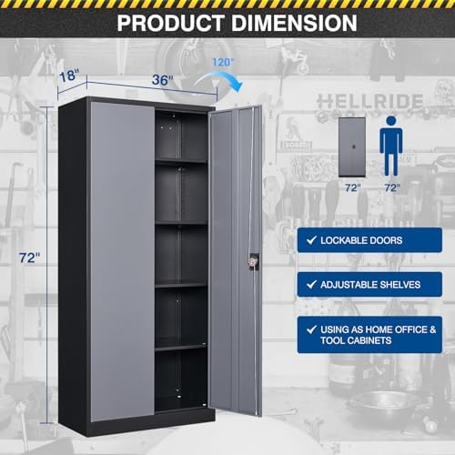 Fesbos Metal Storage Cabinet-72” Tall Steel File Cabinets with Lockable Doors and Adjustable Shelves-Black&Gray Steel Storage Cabinet for Kitchen, Office, Garage - Image 3