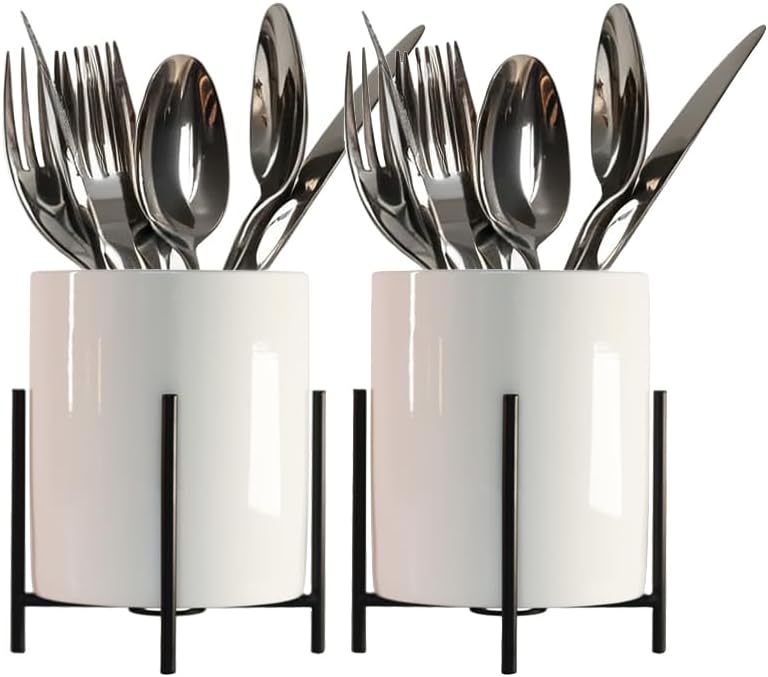 2pcs Cutlery Holder White Ceramic With Black Matte Bracket Robust Silverware Caddy For Store Forks, Knives, Spoons, Napkins, Medium by SIEBOLD