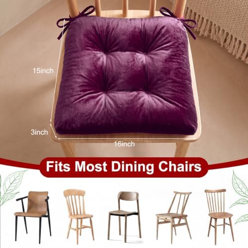 Geetery 4 Pack Velvet Chair Cushions for Dining Chairs, 16" x 16" Soft Velvet Chair Pads with Ties Comfy Solid Seat Cushion Party Home Office Living Room Outdoor Indoor (Purple) - Image 3