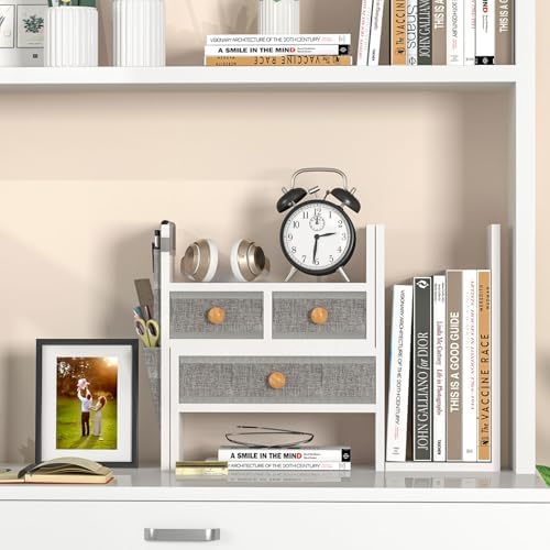 X-cosrack Adjustable Desk Shelves for Storage, Desktop Bookshelf with 3 Drawers, White Wood Desk Shelf for Top of Desk, Corner Desktop Organizer for Women Office - Image 2
