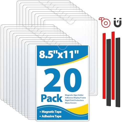 20 Pack Wall Sign Holder 8.5x11 Magnetic Plastic Sign Holder with Magnetic and Adhesive Tapes, Adhesive Clear Display Sign Frame for Fridge, Metal, Wall, Door, Document Protectors Holders by VAIIGO