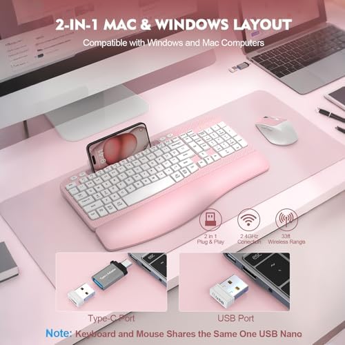 Wireless Keyboard and Mouse Combo, Full-Sized Ergonomic Wave Keys Keyboard with Memory Foam Wrist Rest & Phone Holder, 2.4G Quiet Keyboard Mouse Work Setup for PC Laptop, Office or Home (Pink) - Image 6