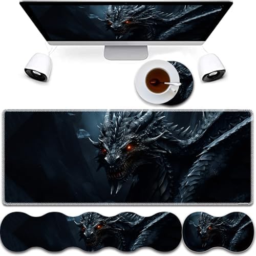 4 in 1 Mouse Pad Combo, Large Gaming Mouse Pad + Keyboard Wrist Support + Mouse Wrist Rest + Coaster, Table Pad 31.5 "x 11.8" with Memory Foam Ergonomic Wrist Pad Set, Cool Dark Dragon by RVHOEZZM