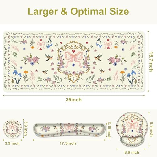 Off-White Mouse Pad, Cute Large Desk Mat Extended Nature Aesthetic Deskpad, 4 PCS Non-Slip Rubber Base Computer Mouse Pads for Work, Game, Office, Home Decor Gifts I Heart Bow & Floral Magpie - Image 3