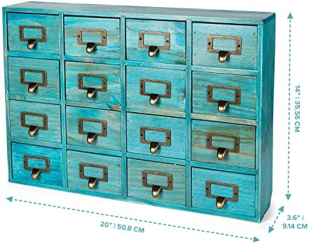 Teal 16-Slot Wooden Drawer Unit - Country Style Desk Organizer Box - 20"x3.6”x14” Wooden Storage Box w/ 16 Drawers - Countertop Drawers w/Label Holder & Handle - Slim 4-Level Desk Organizer - Image 2