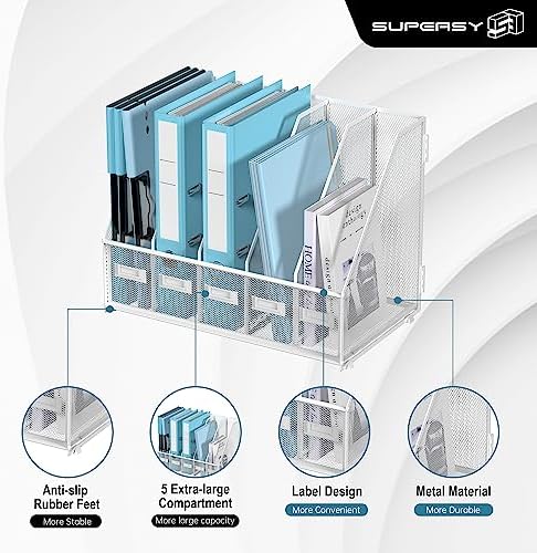SUPEASY Desk Organizers Metal Desk Magazine File Holder with 5 Vertical Compartments Rack File Organizer for Office Desktop, Classroom, Home Workspace, White Plus - Image 5