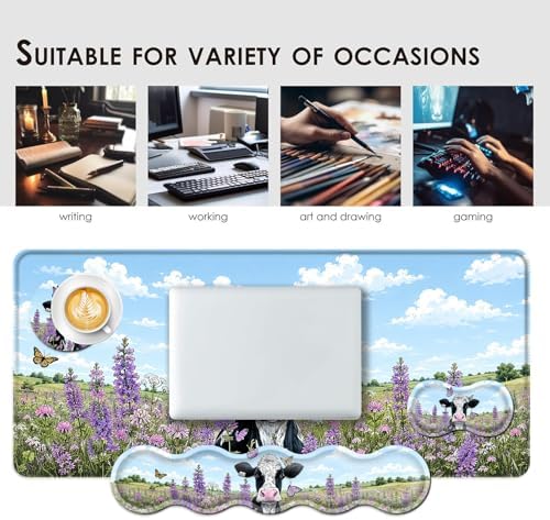Large Keyboard Mouse Pad Set, Extended Mouse Pad+Keyboard Wrist Rest Support, Memory Foam Ergonomic Easy Typing, 4Pcs (31.5×11.8 in) Desk Pad Set for Office Home,Butterfly Cow in Flower Field - Image 7