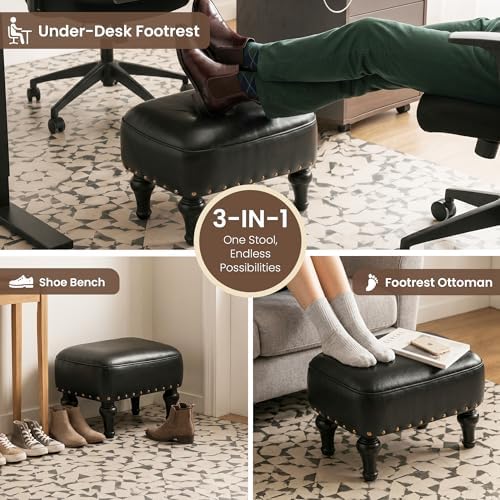 Cmishe Ottoman Leather Footrest,Vintage Footstool,Thickened Foam Upholstered Seat,Wooden Leg Foot Rest,Under Desk Shoe Bench Small Bench for Living Room Dining Room(Black) - Image 5