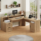 63" Fluted L Shaped Desk with Drawers & Printer Shelf for Home Office - Image 3