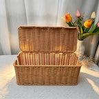 Wicker Rattan Storage Basket with Lid, Rectangular Cable Management Box, Natural Woven Organizer - Image 2