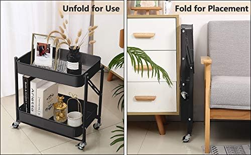 Melody House 2-Tier Metal Folding Rolling Cart, Mobile Utility Cart Trolley Storage Organizer for Office Home Kitchen Organization, Sofa Side End Table with Wheels, Black - Image 3