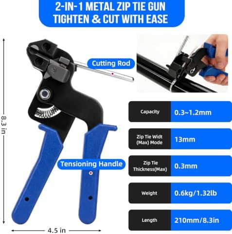 Metal Zip Ties Gun Set, 200Pcs Stainless Steel Cable Ties, Blue - Image 2