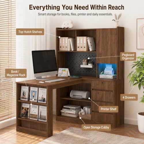 51.6" Corner Computer Desk with Drawers for Home Office, Walnut - Image 4