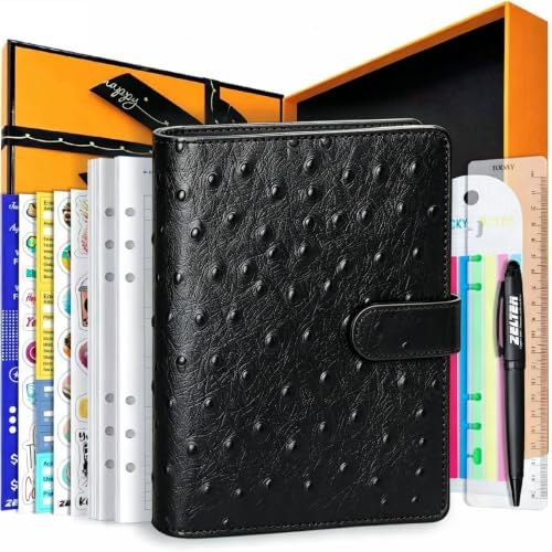 PU Leather Personal Notebook Planner with 80 Pages Loose-Leaf Papers 6 Holes Ring Binder Pen Holder Magnetic Buckle(Black Faux Ostrich Leather, A5 Gift Box) by Zelten