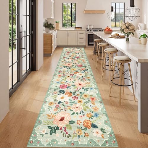 DUKINO 2.6x12 Kitchen Runner Rug, Floral Non Slip Long Washable Rug, Green - Image 3