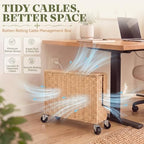 Briwooody Extra Large Rattan Cable Management Box with Caster Wheels, Brown - Image 3