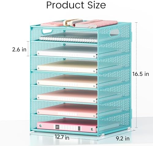 Lavatino 2 Pack 8-Tier Office Desk File Organizer, Letter Tray Paper Organizer with Handle, Including 5 Adjustable Slide Trays for Organizing Desk Workspace Accessories and Supplies (Blue Metal Mesh) - Image 2