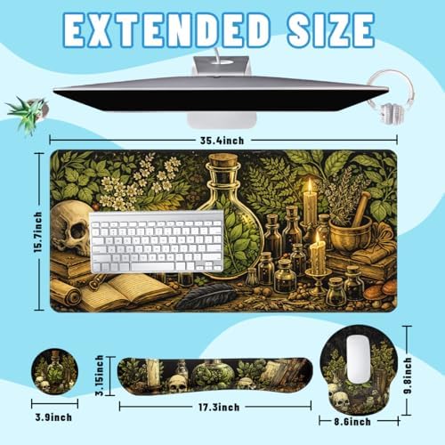 Dark Alchemy Desk Mat Set Witch Herbal Skull Study Large Mouse Pad with Wrist Rest 4in1 Desk Mat for Desktop Ergonomic Computer Desk Arm Wrist Anti-Slip Computer Mouse Pad Home Office Gaming - Image 2