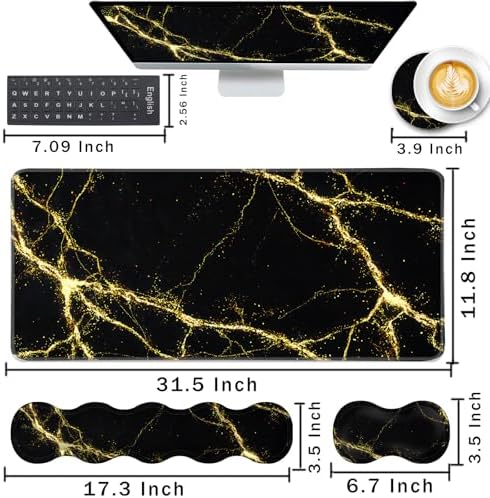 Keyboard Wrist Rest and Mouse Pad with Wrist Support Set Ergonomic Coaster,Memory Foam,Easy Typing Pain Relief,Large XL Desk Mat 31.5"x 11.8",Black Marble - Image 2