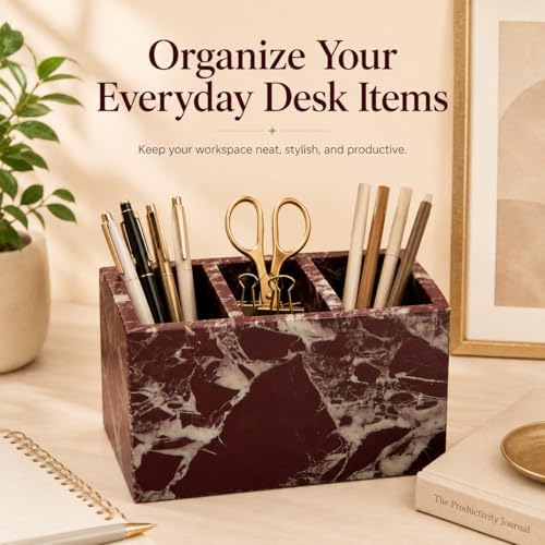 Purple Red Marble 3-Compartment Pen Holder for Desk - Image 6