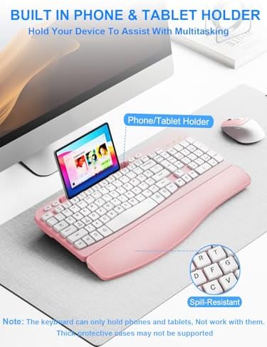 Hayyiesh Ergonomic Wave Keys Wireless Keyboard and Mouse Combo, Full Size with Memory Foam Wrist Rest & Phone Holder, 2.4G Cordless Set with USB-C Adapter for Windows Mac Desktop Laptop (Pink) - Image 5