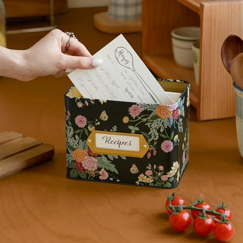Cabbrix Recipe Box with 50 Cards and 24 Dividers, 4x6 Recipe Card Box Set, Wooden Lid with Phone Holder and Recipe Holder, Beautiful Metal Recipe Organizer, Dahlias - Image 3