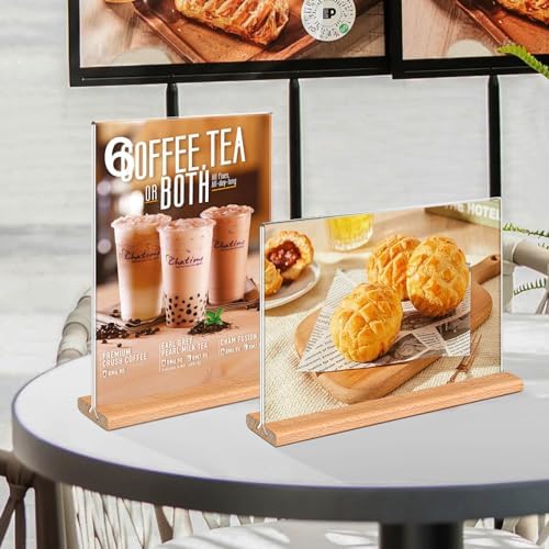 Kersally Acrylic Sign Holder 11 x 8.5'', 4 Pack Double-Sided Clear Table Display Stands with Wood Base,Horizontal Acrylic Frame Menu Flyer Paper Holder for Store, Restaurant, Hotel, Office, Show Fair - Image 4